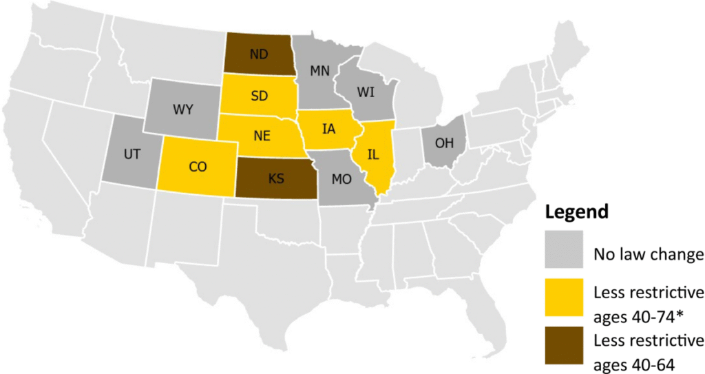 Map showing U.S. states with senior driver license renewal changes linked to the New U.S. Driving License Rule