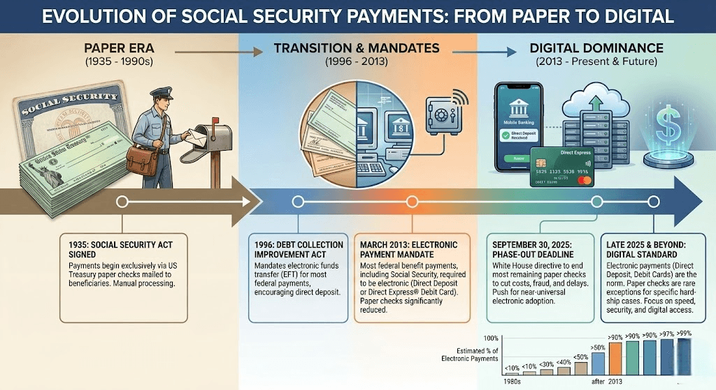 Timeline graphic showing evolution of Social Security paper checks and electronic payments