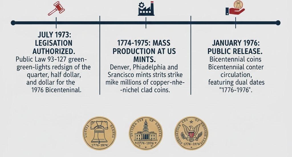 Timeline showing introduction of Bicentennial coinage during the 1970s