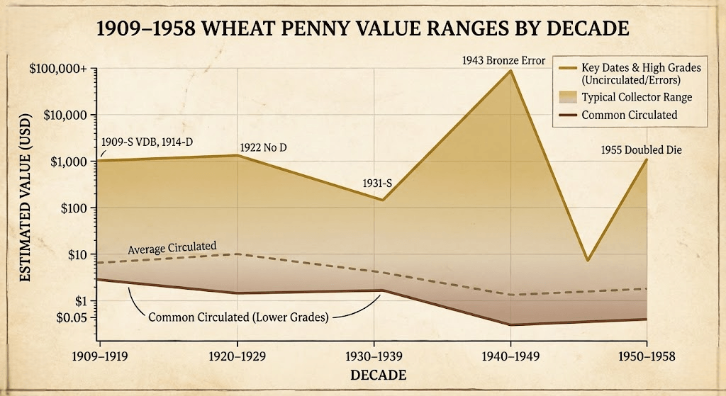 1909–1958 Wheat Penny Price Chart by decad